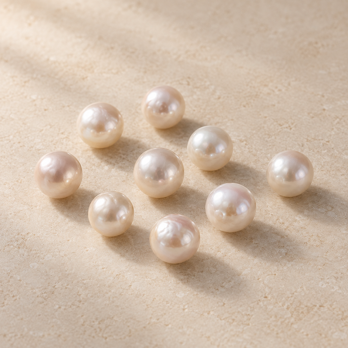 AI editorial illustration of cream-white Akoya-type pearls on pale stone; category inspiration, not actual inventory.