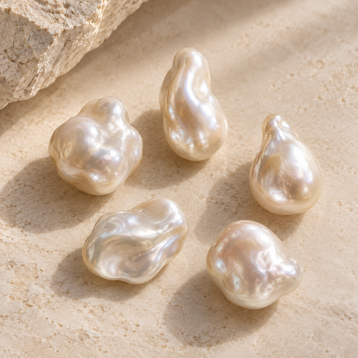 AI editorial illustration of irregular baroque pearls on pale stone; category inspiration, not actual inventory.