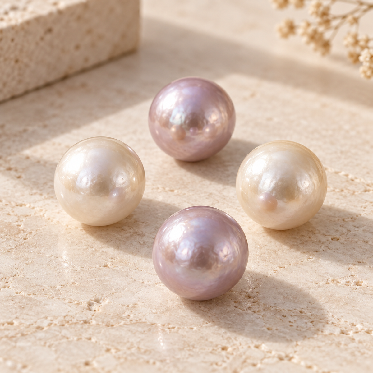 AI editorial illustration of bead-cultured freshwater pearls on pale stone; category inspiration, not actual inventory.
