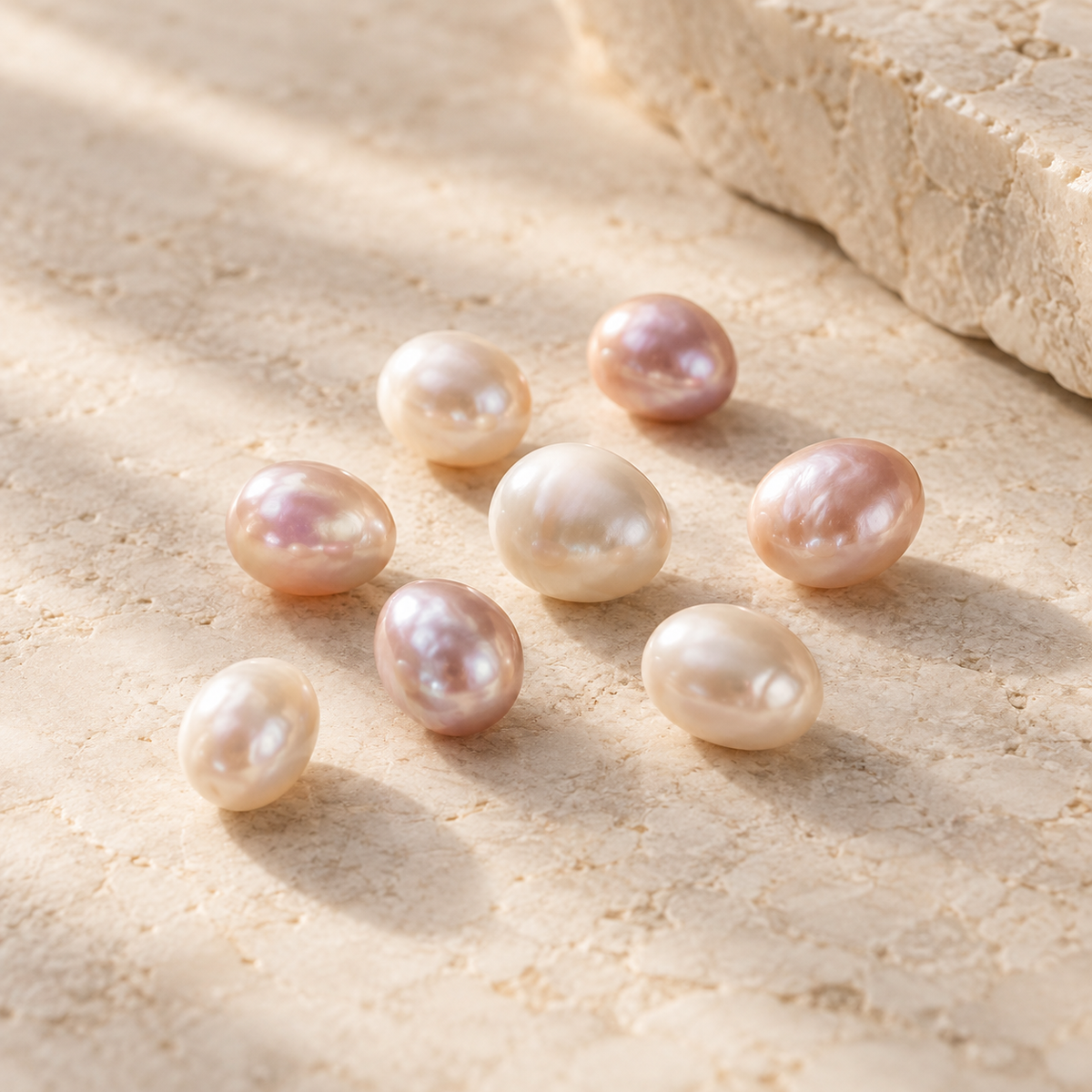 AI editorial illustration of freshwater pearls on pale stone; category inspiration, not actual inventory.