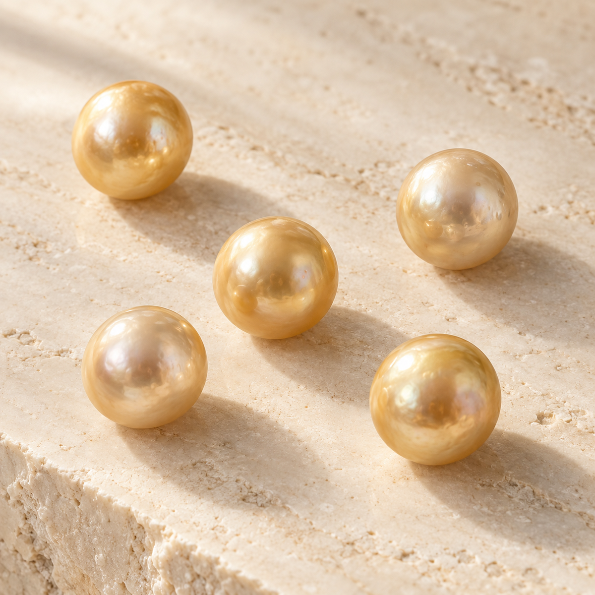 AI editorial illustration of golden South Sea-type pearls on pale stone; category inspiration, not actual inventory.