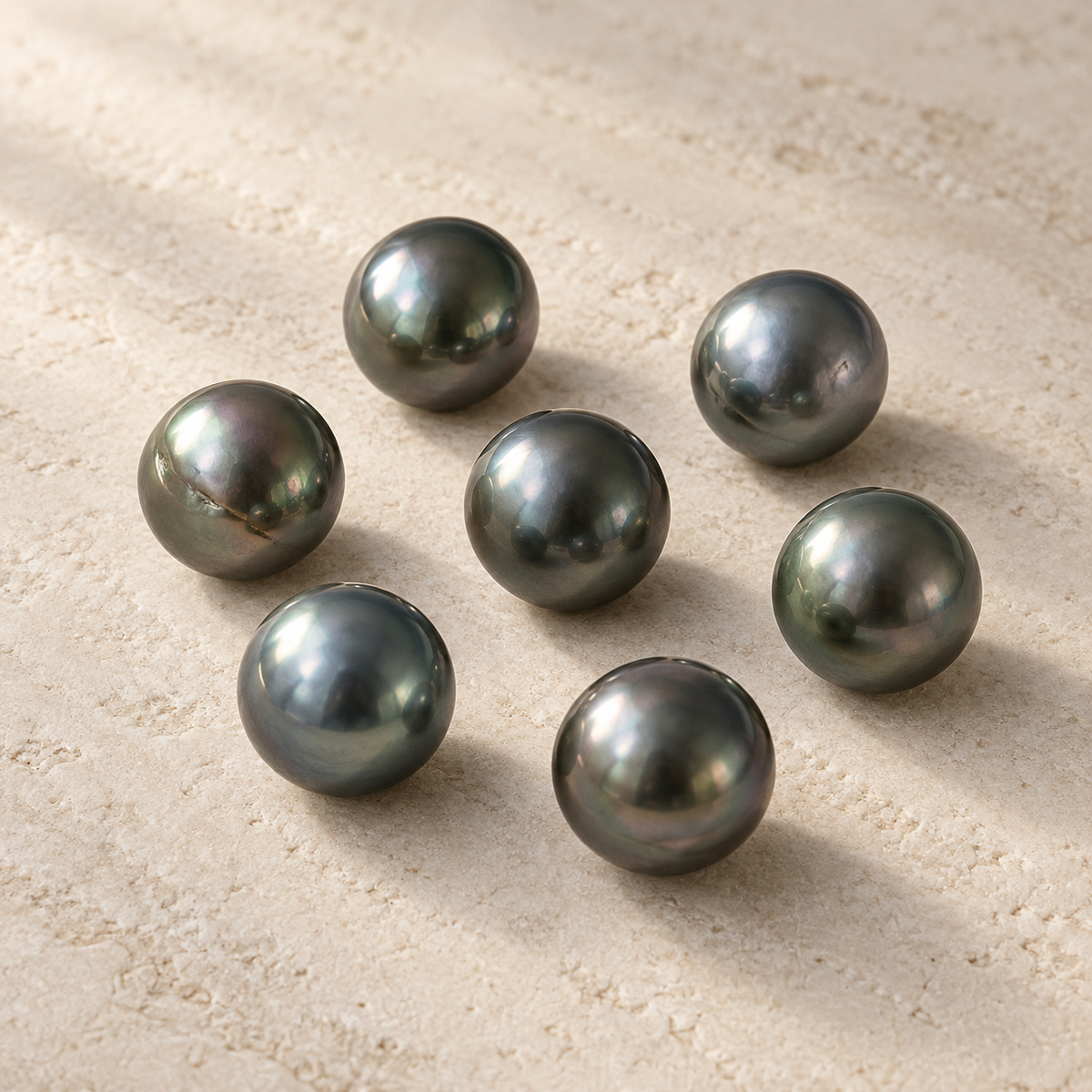 AI editorial illustration of dark grey Tahitian-type pearls on pale stone; category inspiration, not actual inventory.