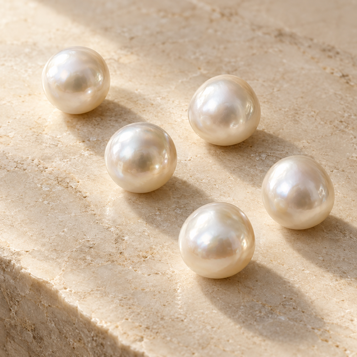AI editorial illustration of creamy white South Sea-type pearls on pale stone; category inspiration, not actual inventory.
